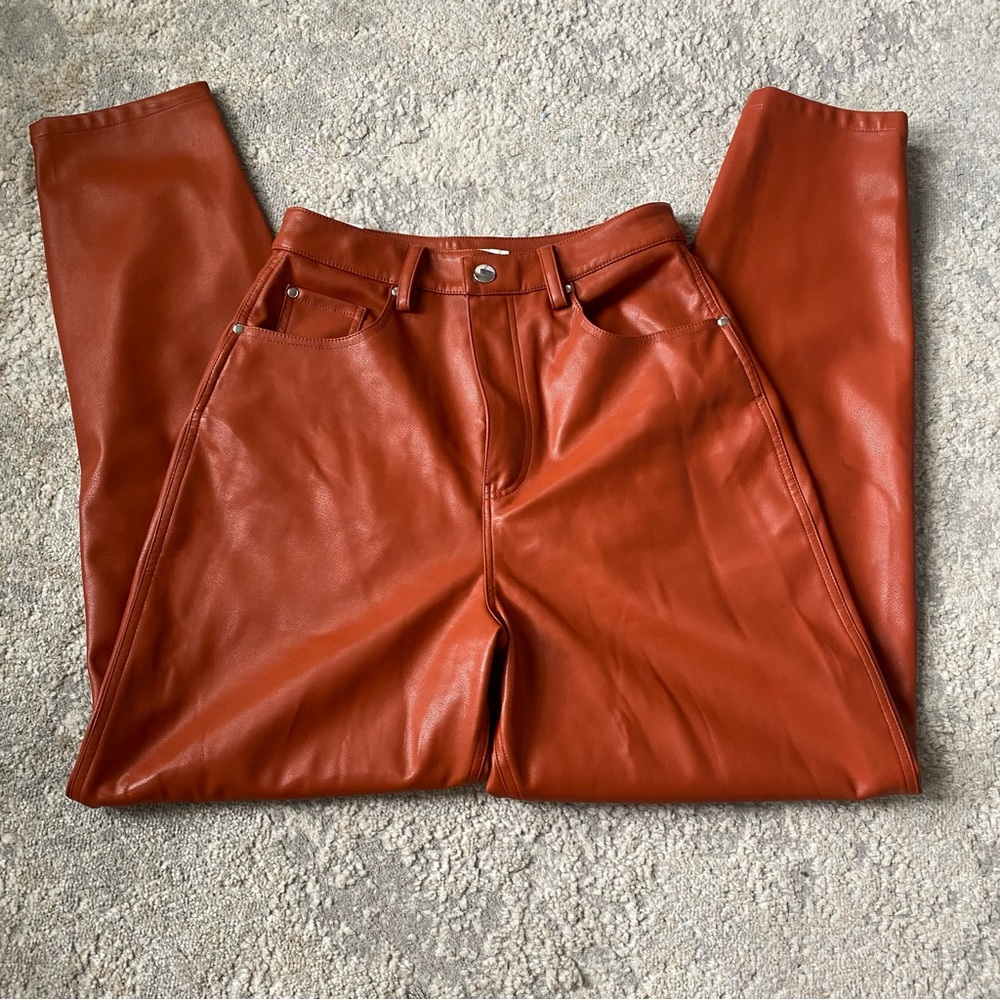 WeWoreWhat high waisted vegan leather mom cut pant cognac color Sz 25